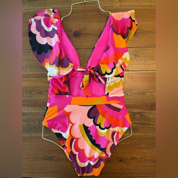 Trina Turk | Fan Faire Ruffle Plunge One Piece Swimsuit | Size 8 - Picture 3 of 6